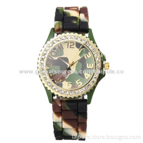 2014 Latest Design Army Geneva Crystal Rhinestone Watch, Silicone Jelly Link, Dark Green Band